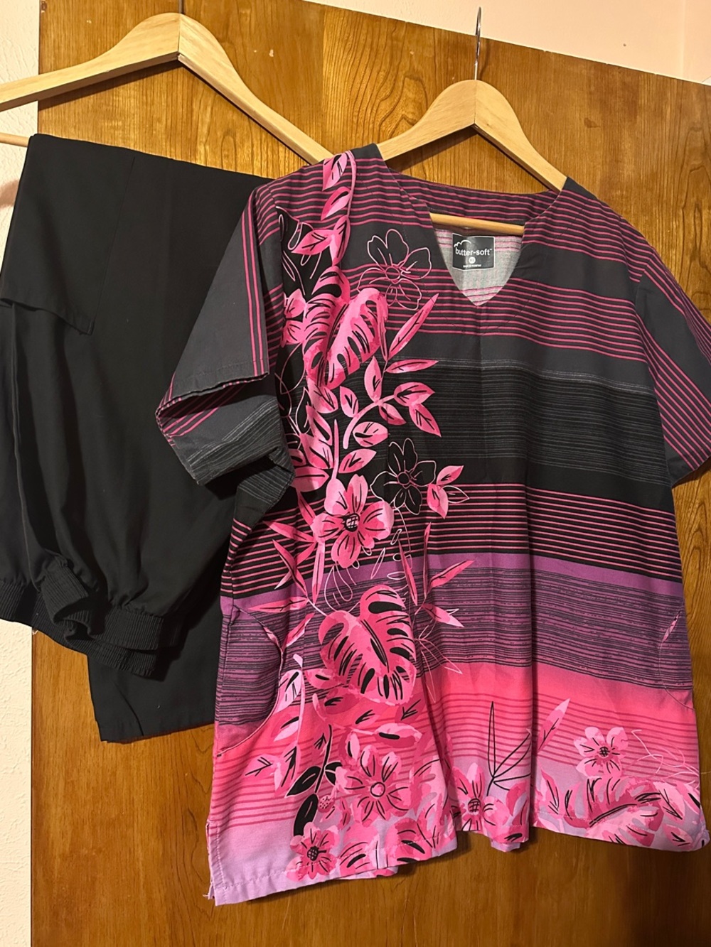 Pink Floral Striped Scrub Top and Black Pants Set